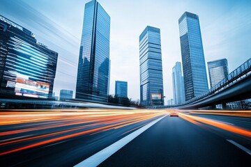 Fototapeta premium Futuristic Cityscape with Skyscrapers, Motion Blur from Cars, Digital Screens, and Soft Lighting Highlighting Architectural Innovation and Technological Advancement