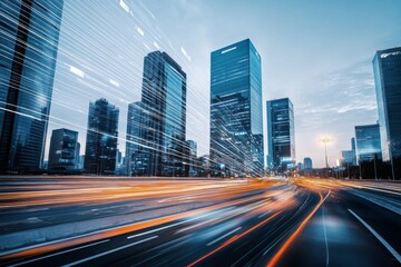 Fototapeta premium Futuristic Cityscape with Skyscrapers, Motion Blur from Cars, Digital Screens, and Soft Lighting Highlighting Architectural Innovation and Technological Advancement