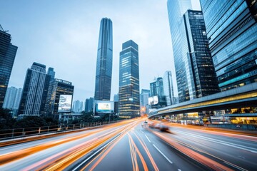 Futuristic Cityscape with Skyscrapers, Motion Blur from Cars, Digital Screens, and Soft Lighting Highlighting Architectural Innovation and Technological Advancement