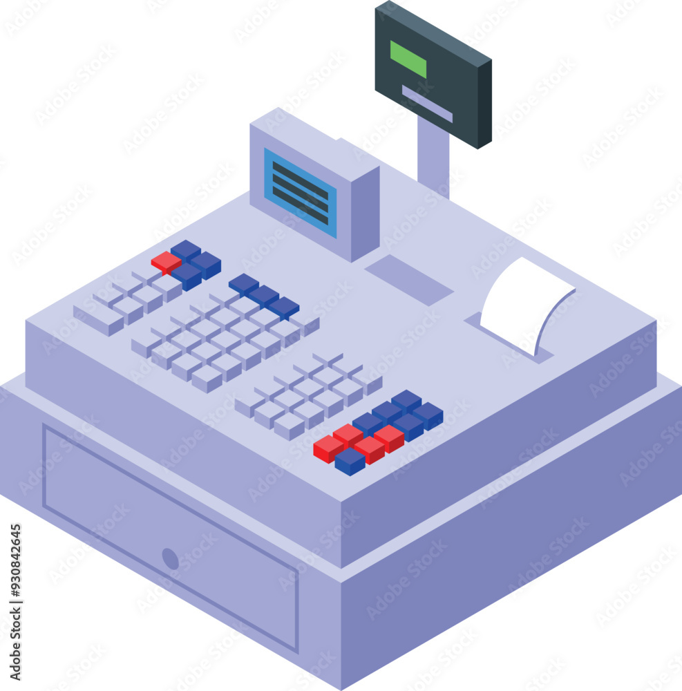 Poster modern electronic cash register with buttons showing purchase amount on display in isometric view
