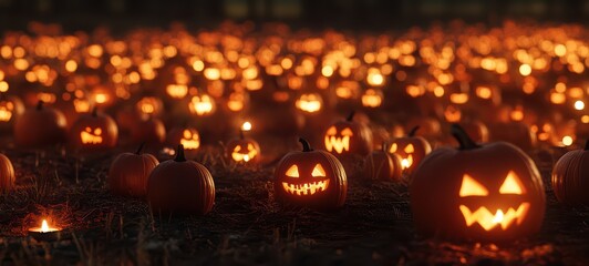 Fototapeta premium Pumpkin patch, with a scattering of carved pumpkins sitting on the ground