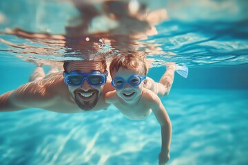Naklejka premium Father and son swimming underwater in a pool, wearing goggles and smiling at the camera, high-resolution, professional color grading, sharp focus, and soft shadows.