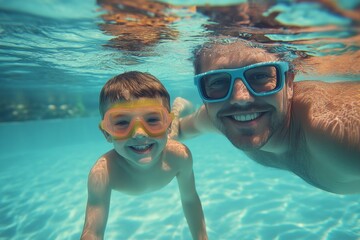 Naklejka premium Father and son swimming underwater in a pool, wearing goggles and smiling at the camera, high-resolution, professional color grading, sharp focus, and soft shadows.
