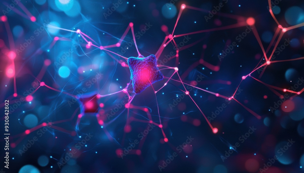 Poster colorful abstract digital illustration depicting interconnected nodes and networks, representing dat