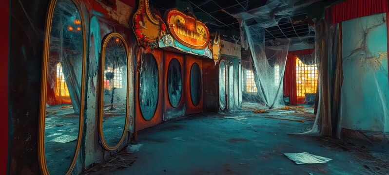 A haunted, deserted carnival funhouse, with broken mirrors and cobwebs
