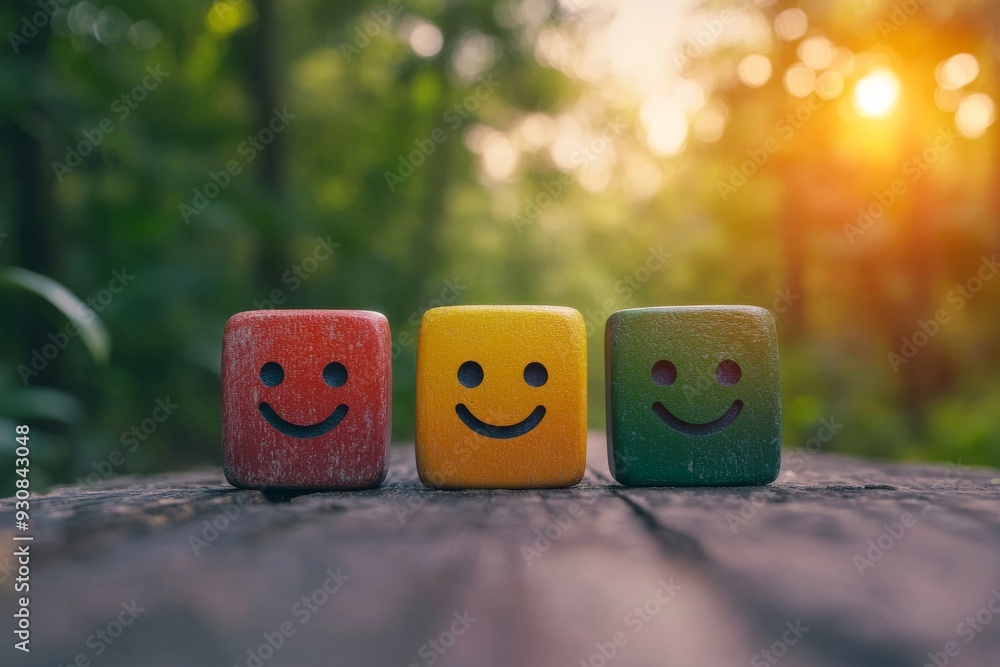 Poster three colorful wooden blocks with smiling faces on a wooden surface capturing the joy simplicity and