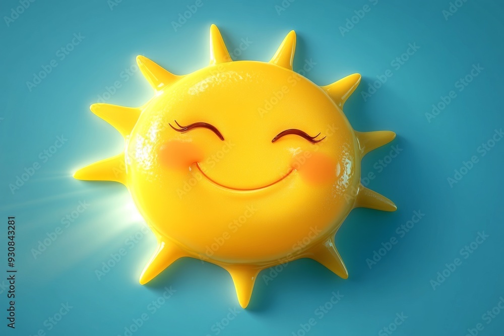 Poster happy sun smiley with a content expression representing warmth positivity and the simplicity of summ