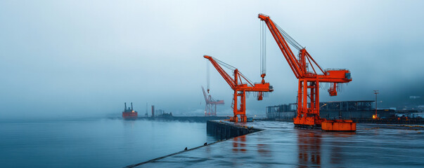 Orange industrial cranes stand in a foggy harbor, creating a moody and atmospheric scene at a port. - Powered by Adobe