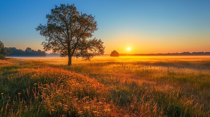 Fototapeta premium A serene landscape featuring a lone tree at sunrise, surrounded by colorful grass and a golden sky, capturing the beauty of nature.