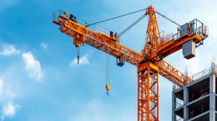 A bright orange construction crane stands tall beside a high-rise building under a clear blue sky, symbolizing growth and development.