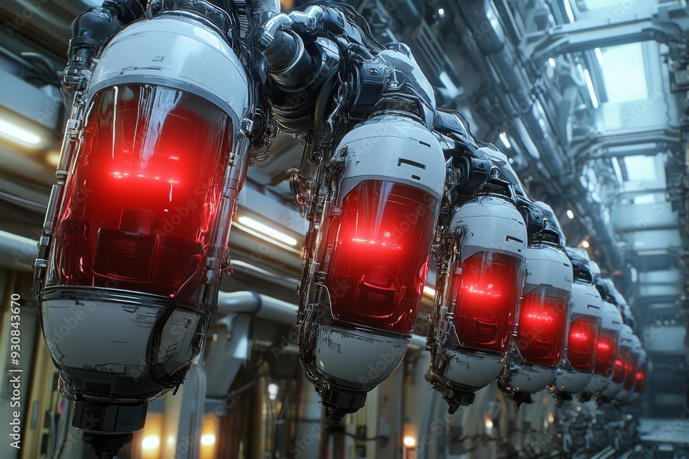 Poster assembly line of futuristic pods in a high tech facility representing automation advanced manufactur