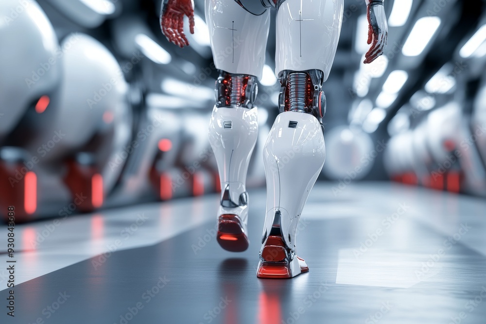 Poster back view of a walking humanoid robot in a high tech corridor symbolizing the journey of advanced ai