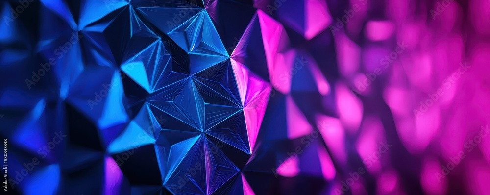Poster vibrant geometric pattern with dynamic lighting in blue and pink tones, creating an abstract and mod