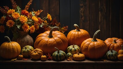Autumn pumpkins in orange and green colors and fall colored flowers display on a mantel