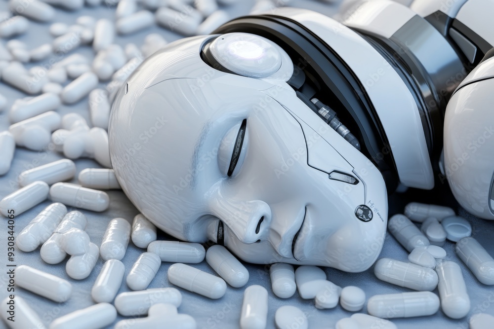 Aufkleber futuristic white humanoid robot resting on a bed of blue capsules highlighting the intersection of m