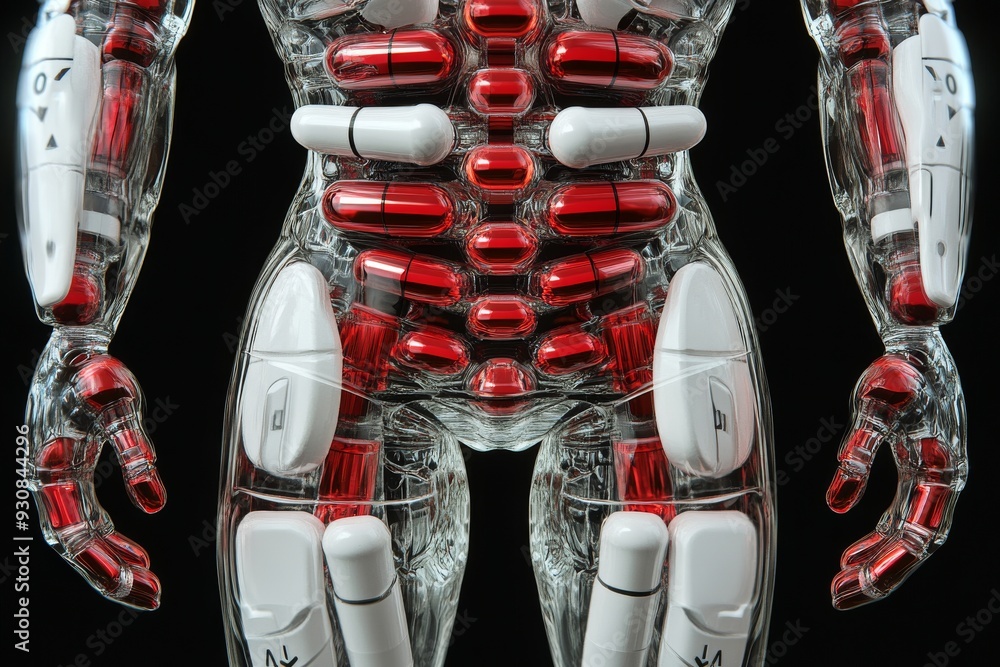 Poster abstract robotic torso with red capsules integrated into its design representing the fusion of medic