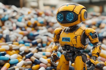 Yellow Toy Robot Amongst Colorful Capsules Symbolizing the Intersection of Play Technology and Medicine in a Futuristic Sci Fi Context