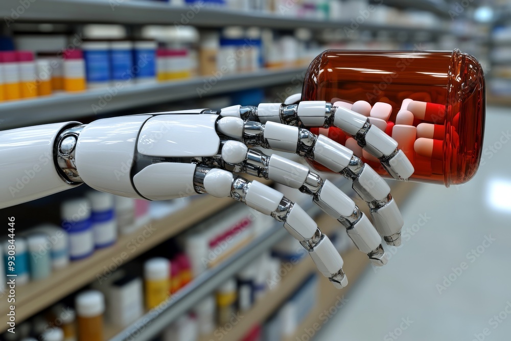 Poster futuristic robotic hand reaching for a red capsule symbolizing the intersection of medicine technolo