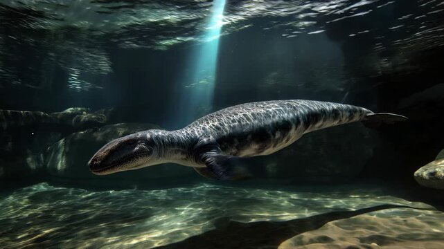 Prehistoric ancient creature swimming in ocean water, imagination marine type dinosaur