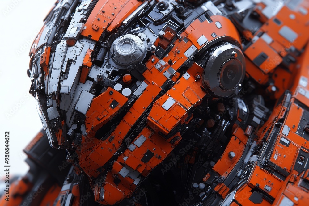 Poster close up of a futuristic android with heavy armor representing the intersection of military technolo