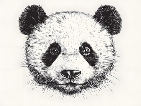 Detailed black and white illustration of a panda&rsquo;s face isolated on white background