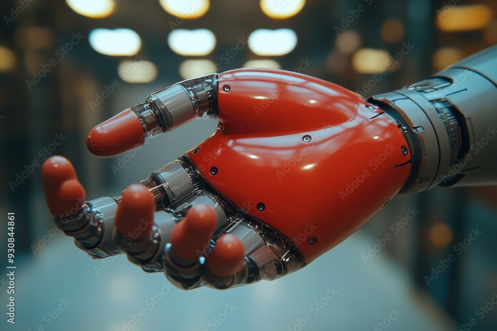 Poster close up of a futuristic robotic hand holding capsules representing the fusion of medicine technolog