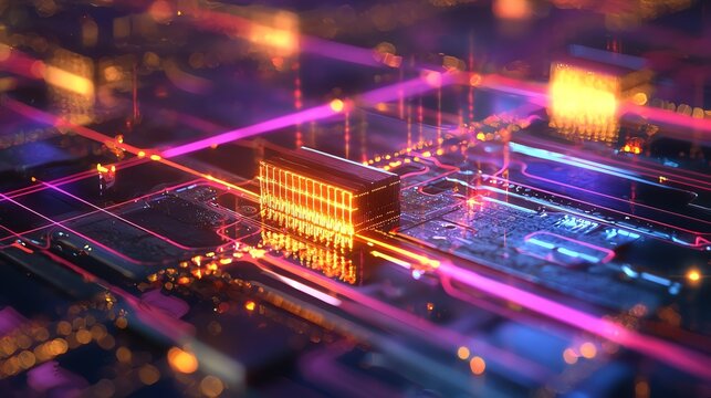 Abstract digital city on a circuit board with glowing neon lights.