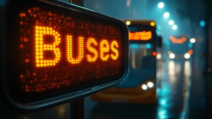 Urban Transportation Concept - 3D "Buses" Text on Sign with City Buses in Closeup Composition