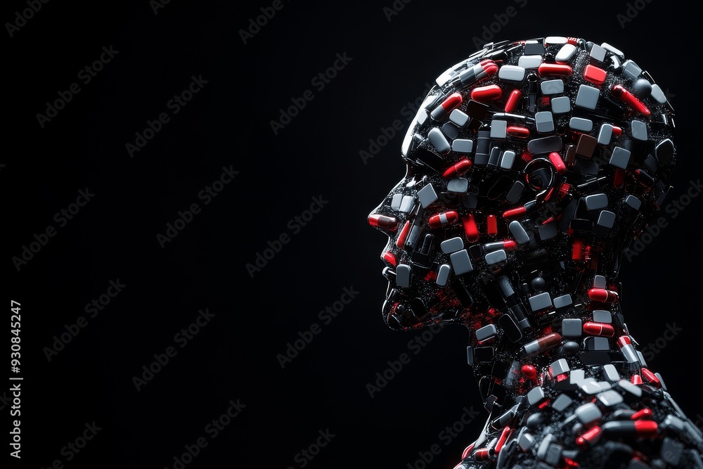 Poster profile of a dark futuristic android composed of red and black capsules representing the breakdown o