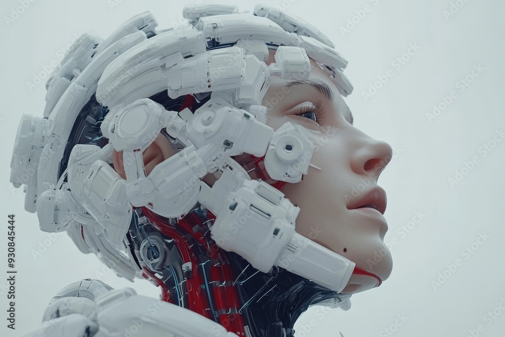 Poster side profile of a futuristic female android with exposed internal components symbolizing the fusion 