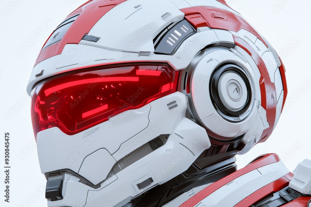 Poster close up of a futuristic white helmet with red visor representing advanced robotics ai and the futur