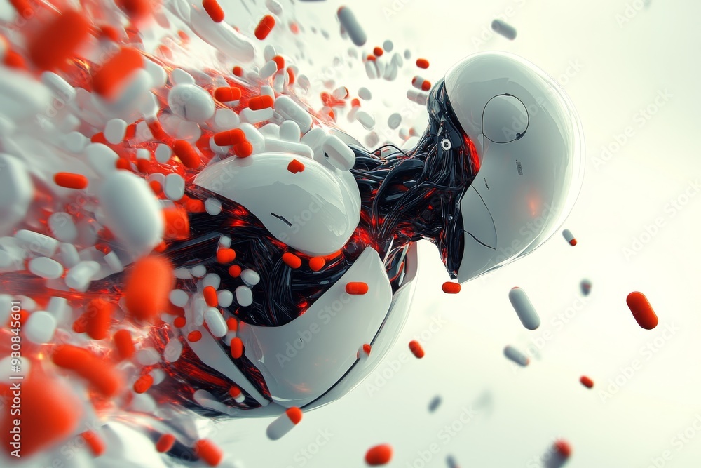 Poster futuristic android falling amidst red and white capsules representing the breakdown of identity in a