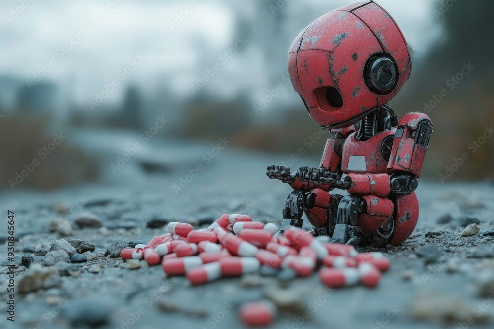 Aufkleber futuristic robot child sitting amongst capsules highlighting the intersection of innocence technolog