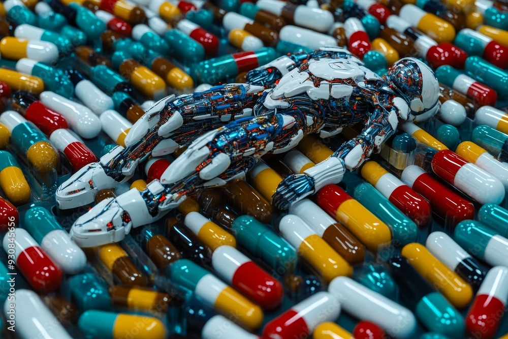 Poster futuristic robotic snake slithering amongst capsules representing the fusion of nature technology an