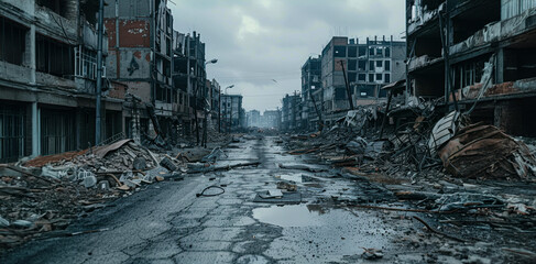 Desolate urban street covered in debris after a disaster in an abandoned cityscape during a cloudy day