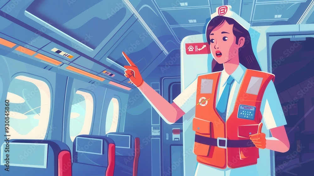 Poster A flight attendant in a vibrant uniform gestures to passengers while explaining safety protocols before takeoff. Generative AI