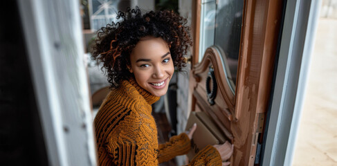Young woman smiling while checking her mailbox at home on a sunny day