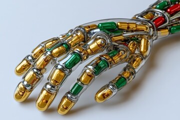 Futuristic Robotic Hand with Colorful Capsules Representing the Intersection of Medicine Technology and Advanced Robotics in a Sci Fi World