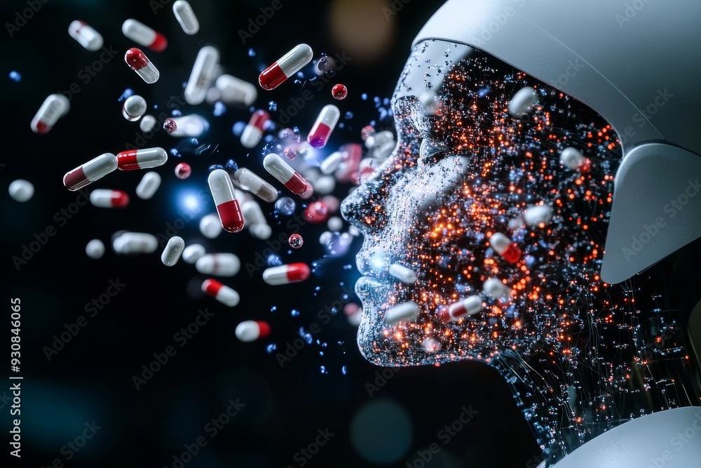 Poster futuristic face disintegrating into capsules symbolizing the breakdown of identity in a sci fi world