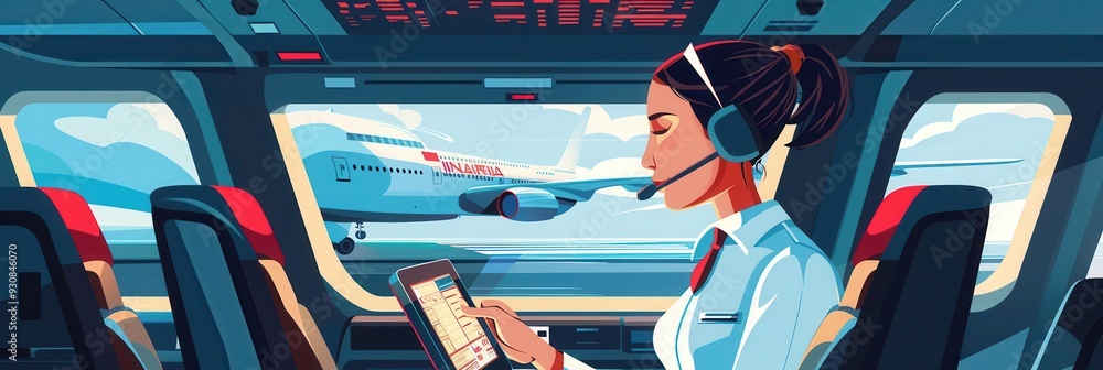 Poster a flight attendant uses a tablet to finalize preparations as the aircraft prepares for takeoff, with