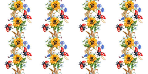 Sunflower, daisies, cornflower, ears of wheat and ladybugs vertical pattern watercolor illustration. Harvest Festival. Wildflowers isolated from background. Compositions posters, postcards, banners, 