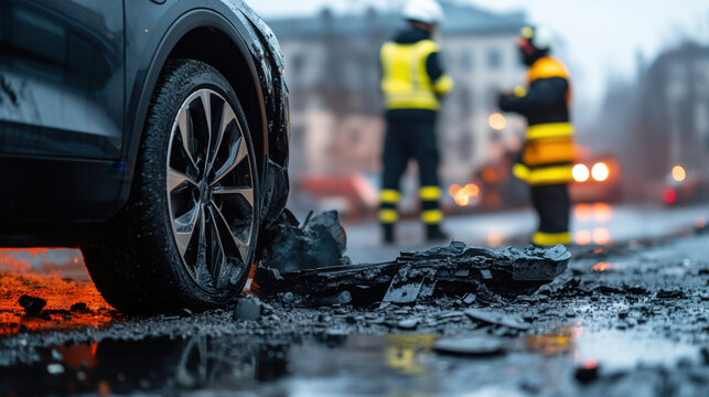 A close-up of a car wheel surrounded by debris from a recent crash. Emergency responders are blurred in the background.