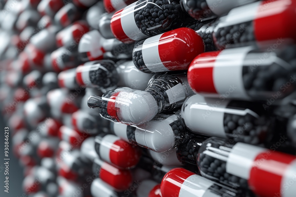 Poster futuristic android with capsules implanted in the skin symbolizing the fusion of medicine technology