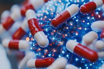 Close Up of Red and White Capsules on a Blue Surface Representing the Intersection of Medicine Technology and Pharmaceuticals in a Sci Fi Context