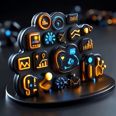 Fototapeta premium Abstract 3D render of a cloud computing concept with glowing icons representing data, technology, and connectivity.