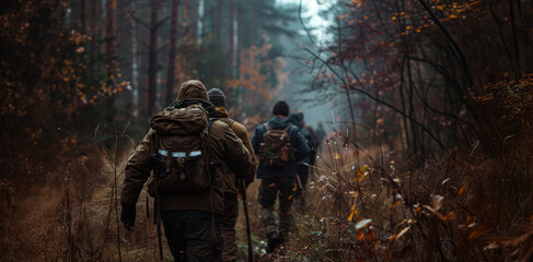 Group of hikers exploring a misty forest trail in autumn