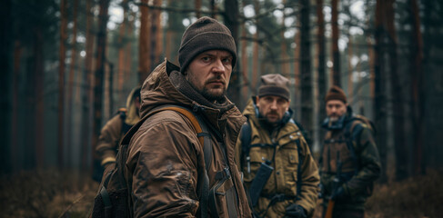 Fototapeta premium Group of hunters in a dense forest during early morning light