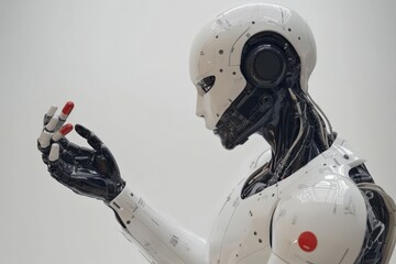 Futuristic Android Holding a Red Capsule Highlighting the Advanced Integration of Medicine Technology and AI in a Sci Fi World