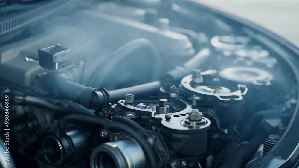 Poster close up view of a running car engine, highlighting the complex network of components and the emissi