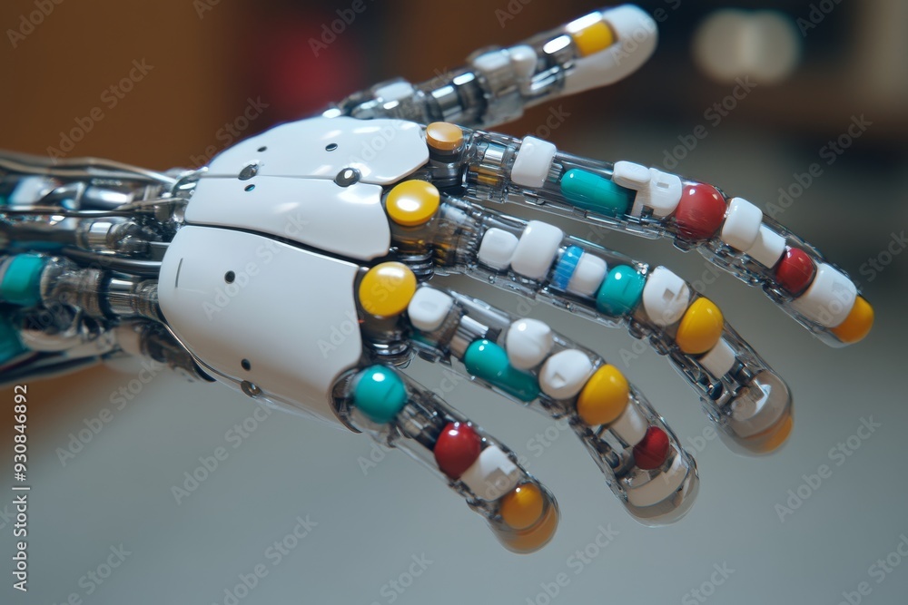 Poster futuristic robotic hand with embedded capsules highlighting the fusion of medicine technology and ad